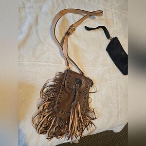 Fringed Brown Crossbody Bag with Stud Detail